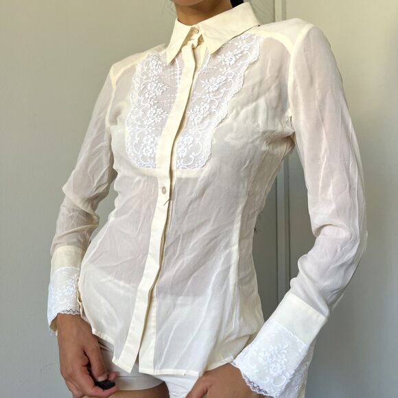 Y2K Bebe Cream Silk Lace Blouse - Picture 2 of 6